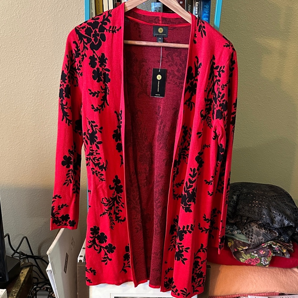 JM Collection Red and Black Knit Long Sleeve Cardigan Sweater
